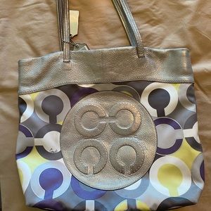 Coach Tote Bag. Silver, purple, yellow, grey accents.